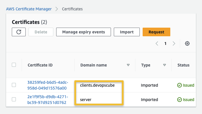 ACM imported certificated for client VPN endpoint.