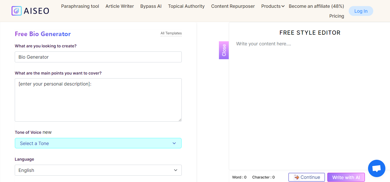 AISEO Free Bio Generator