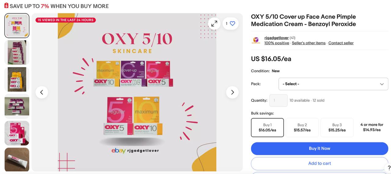 12 item  acne treatment terjual USD 16.05 @ RM75.38 sen per item atau sama dengan hasil sebanyak 12x75.38= RM904.56 sen sejak dimuat naik pada 25 Januari 2024
