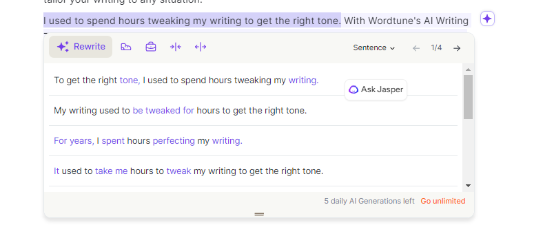 Wordtune's rewriting tool