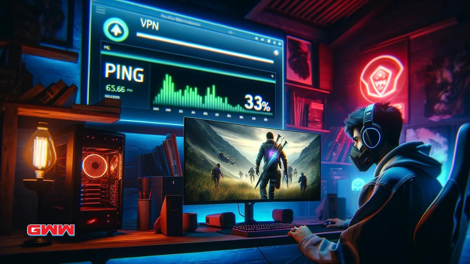 A wide image featuring a gamer with a high-end setup, focused on a screen showing a game with a ping meter visible