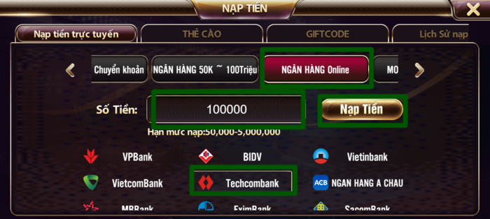 3 bước nạp tiền tdtc bằng Internet banking