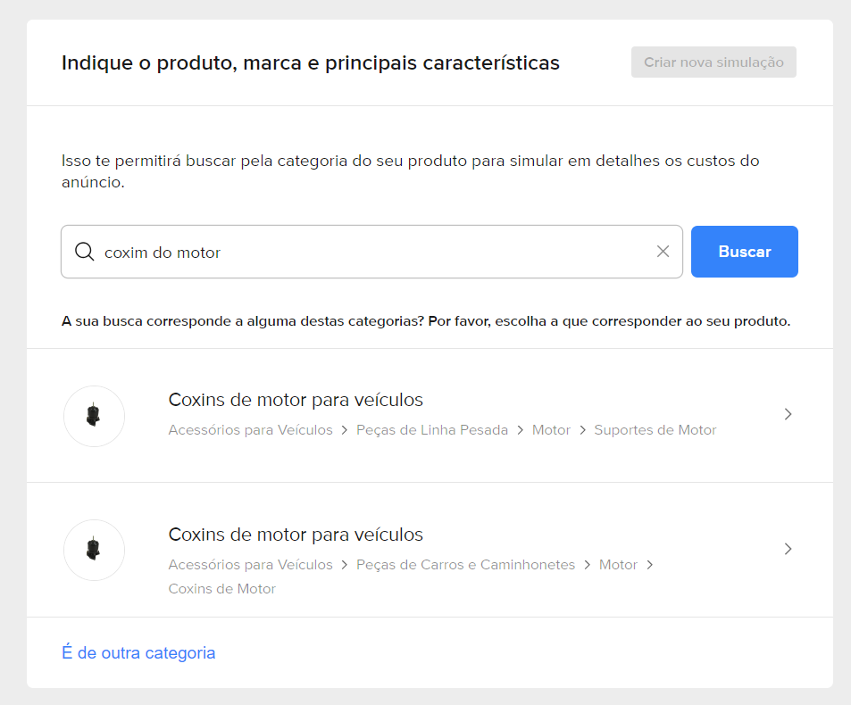 escolha a categoria no simulador taxas mercado livre