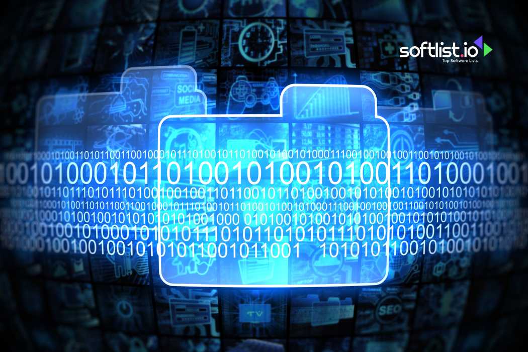 Digital folder icon with binary code and various digital icons around