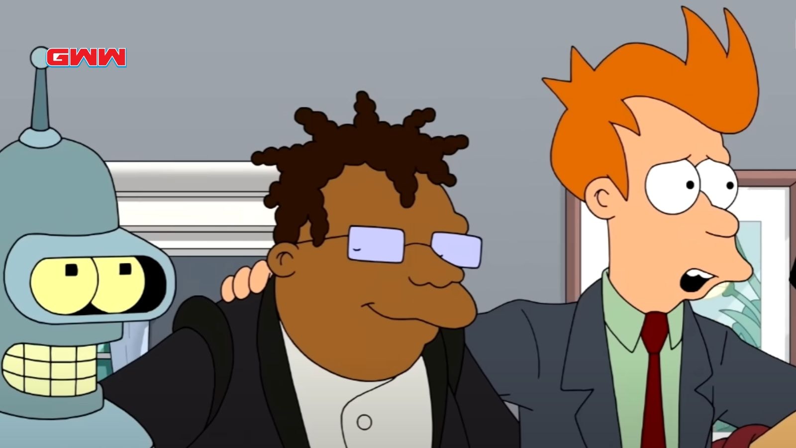 Bender, Hermes, and Fry in a scene from Futurama, standing together.