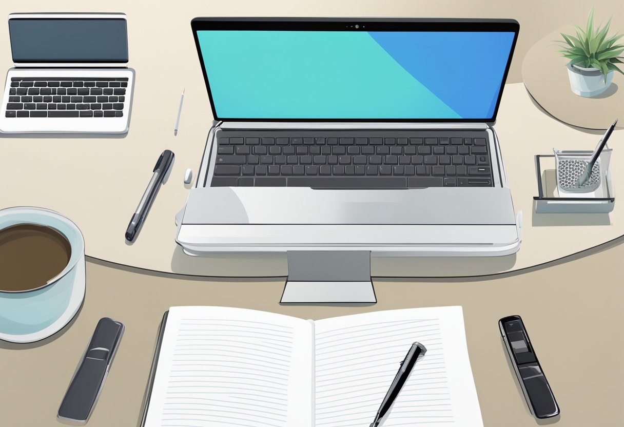 A laptop and smartphone on a desk, with a notepad and pen nearby. A virtual meeting in progress on the laptop screen