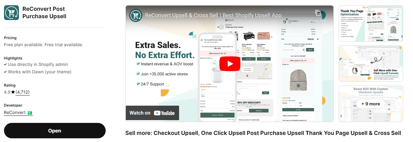 ReConvert cross-sell Shopify app's homepage