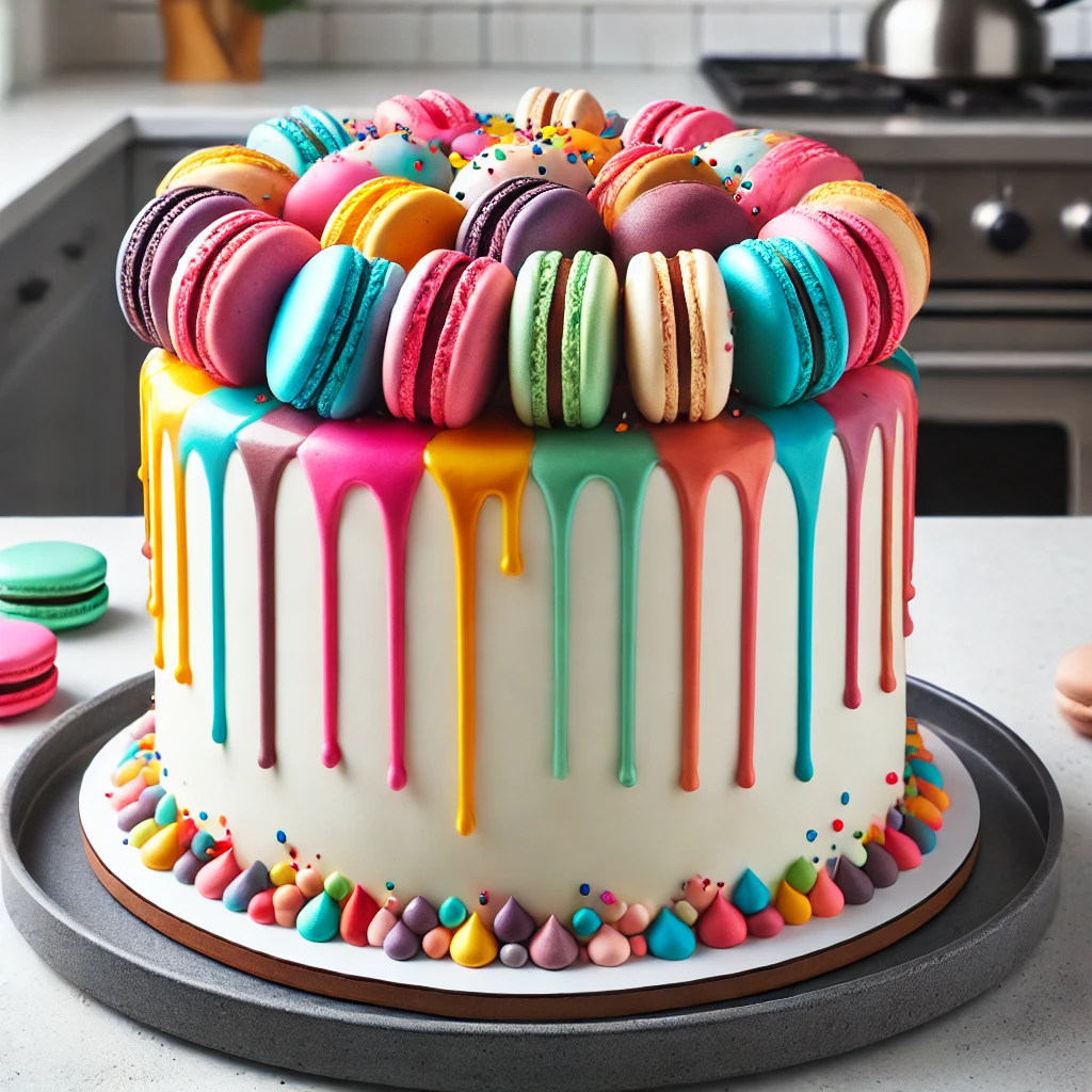 White Drip Cake with Colorful Macarons