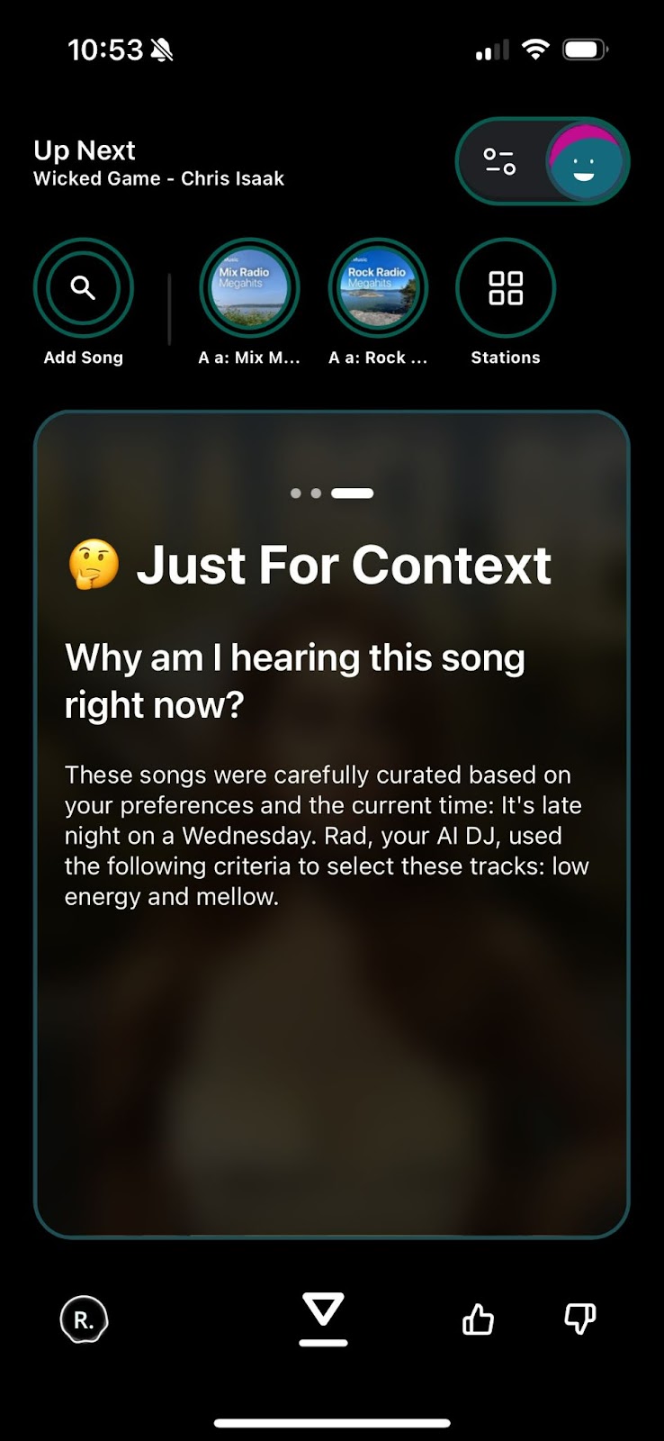 Alt=Radiant app screenshot with an explanation “You hear this song because the choice is based on your preferences and the current time: late Wednesday night, the criteria are low-energy and mellow”