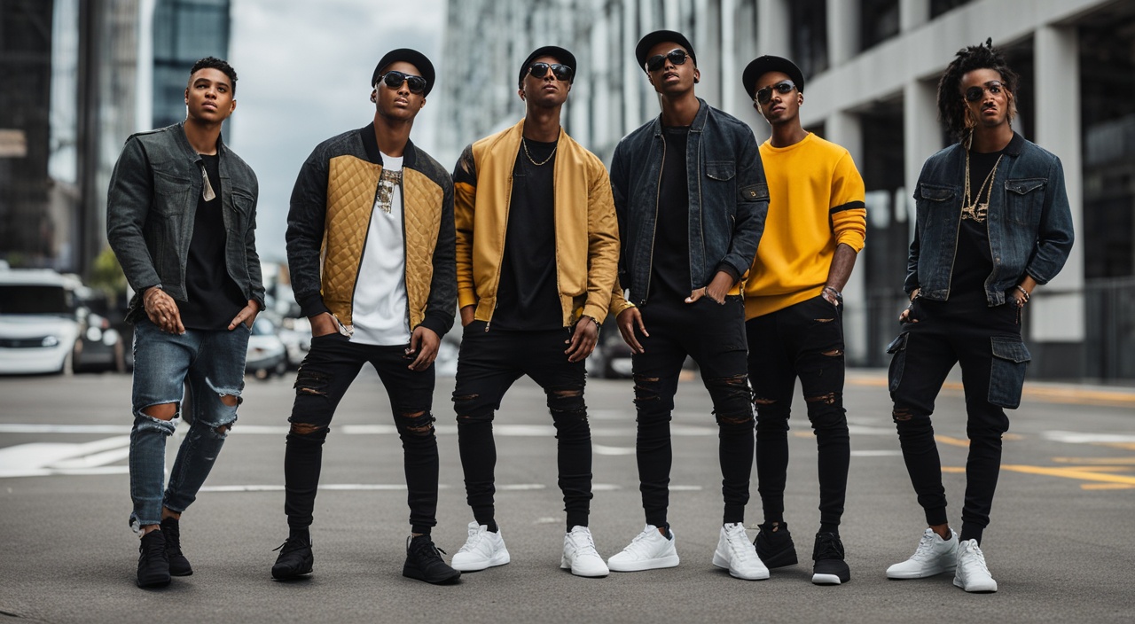 Create an image of a group of young men dressed in Fashion Nova Men's casual wear, hanging out in a modern urban setting. The men should be wearing a variety of trendy styles, such as distressed denim jackets, graphic tees, and jogger pants. The setting should be bustling with city life, with buildings and street art in the background. The men should look confident and casual, conveying a sense of effortless style. Additional elements could include accessories like baseball caps, sunglasses, and statement sneakers, adding to the overall contemporary vibe.
