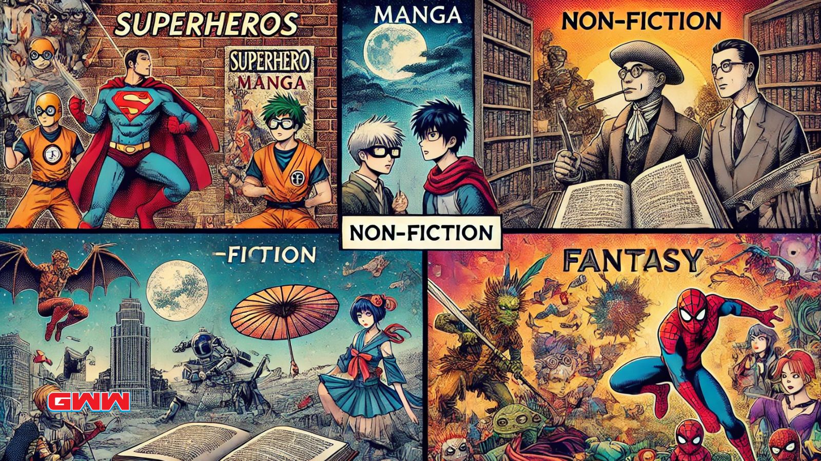 Four types of graphic novels: superhero, manga, non-fiction, fantasy, Graphic novels for adults