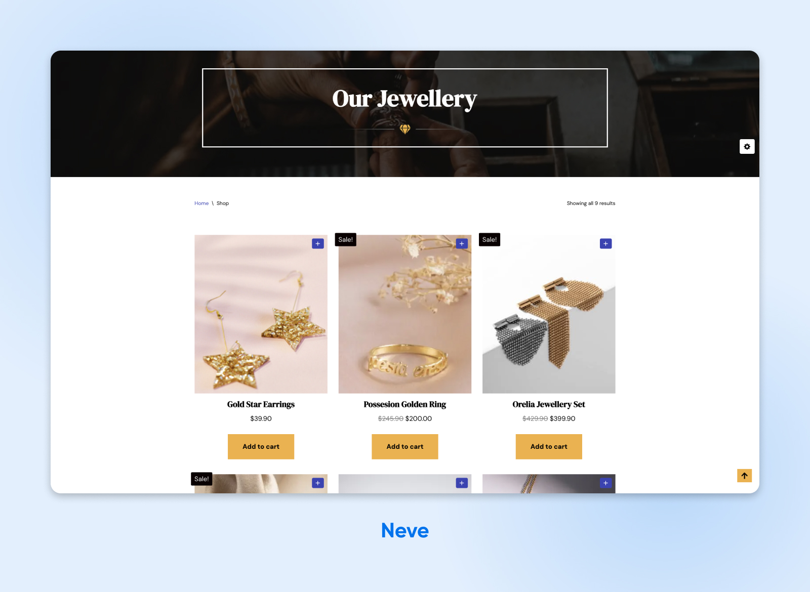 Tema Neve WooCommerce que muestra una página de muestra con productos de joyería y botones para "Agregar al carrito".