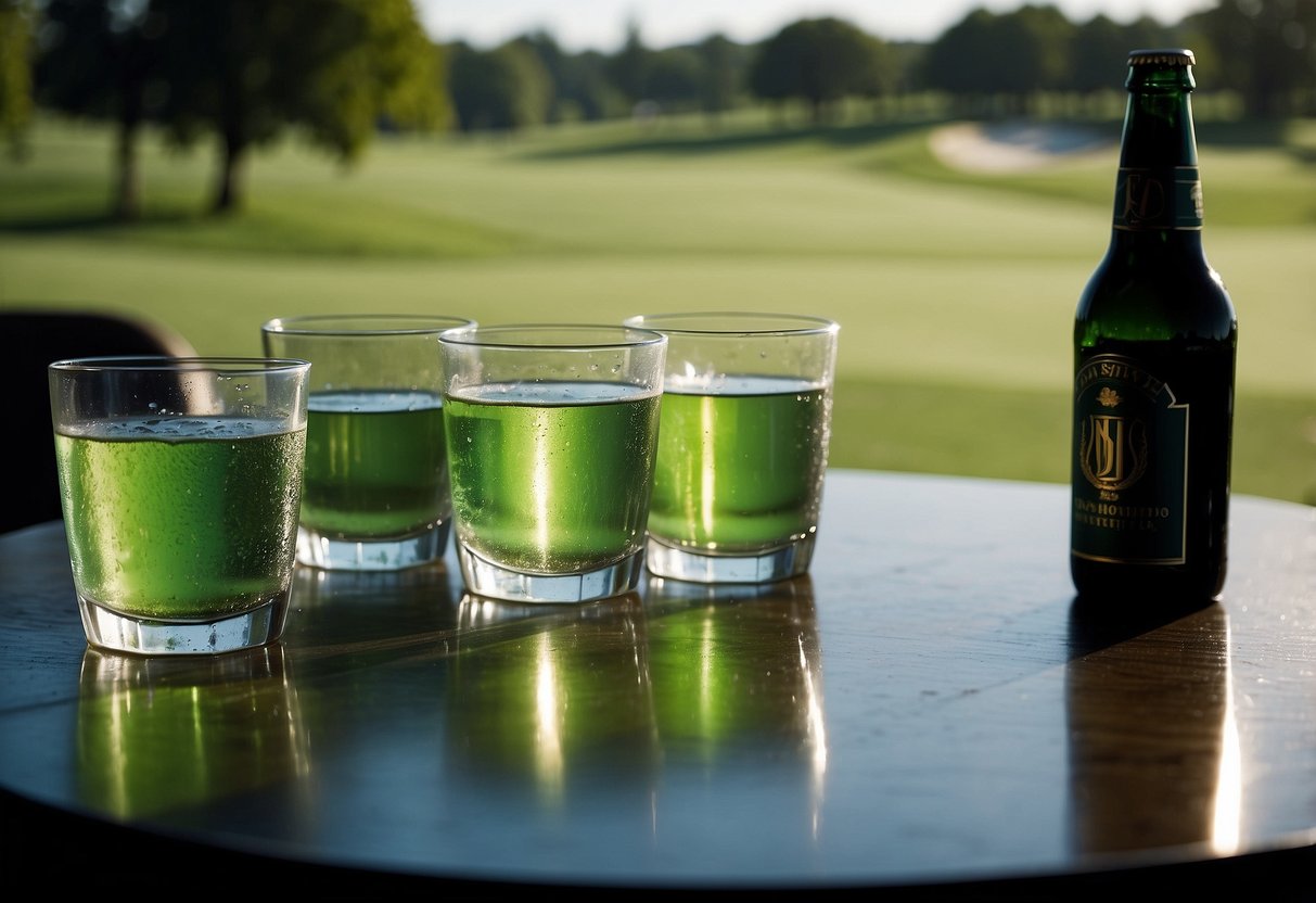 Golf course drinks sit on a lush green table, condensation glistening on the cold glasses. A backdrop of rolling fairways and manicured greens completes the scene. Hydrating golf course drinks