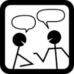 A black and white symbol with two people talking

Description automatically generated