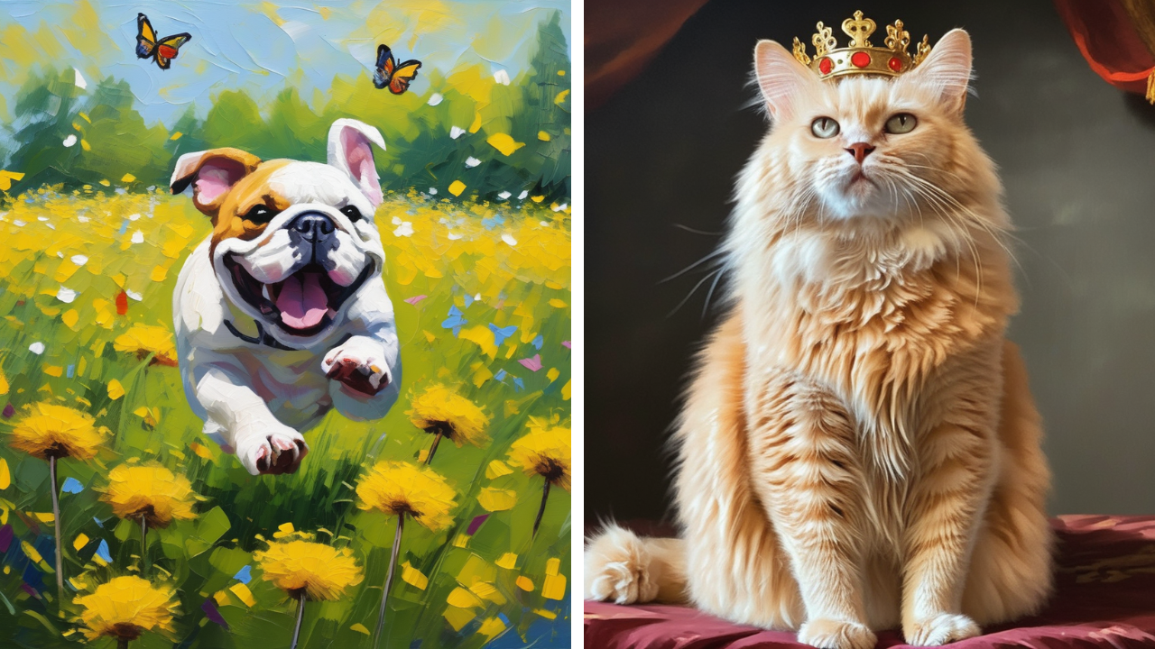 Side-by-side AI pet portrait of a happy bulldog running through a field of flowers and a regal white cat sitting on a throne with a crown