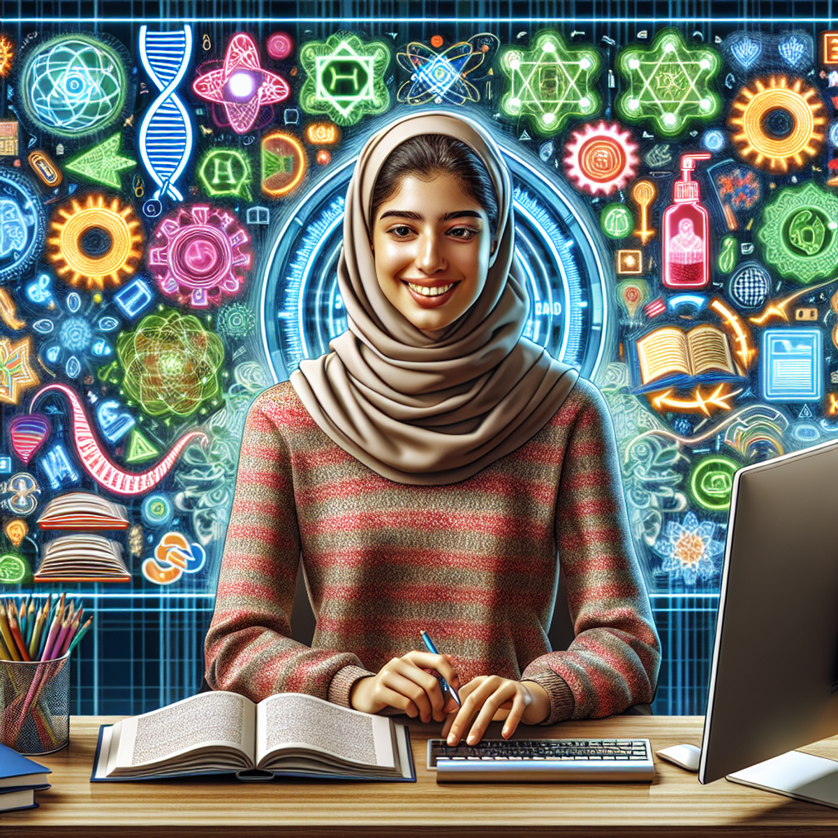 A Middle-Eastern female student engrossed in front of a computer with a virtual whiteboard filled with vibrant academic illustrations.