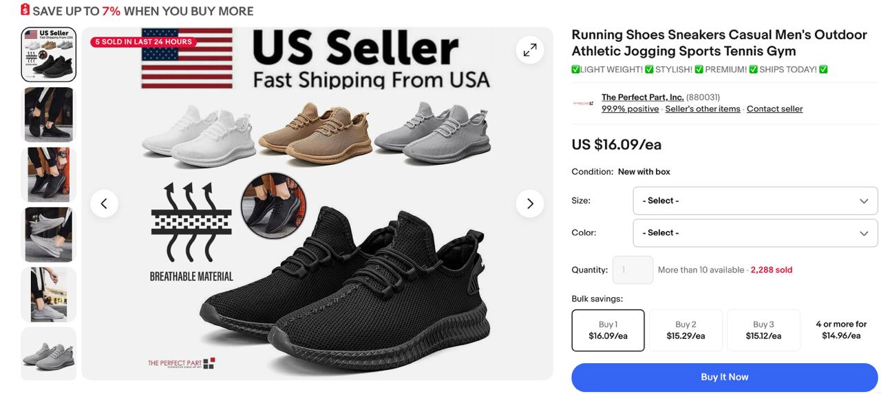 Seller dari USA,berjaya menjual 262 pasang kasut lelaki untuk bersukan pada harga USD 16.09 @ RM75.63 sen sepasang di eBay USA