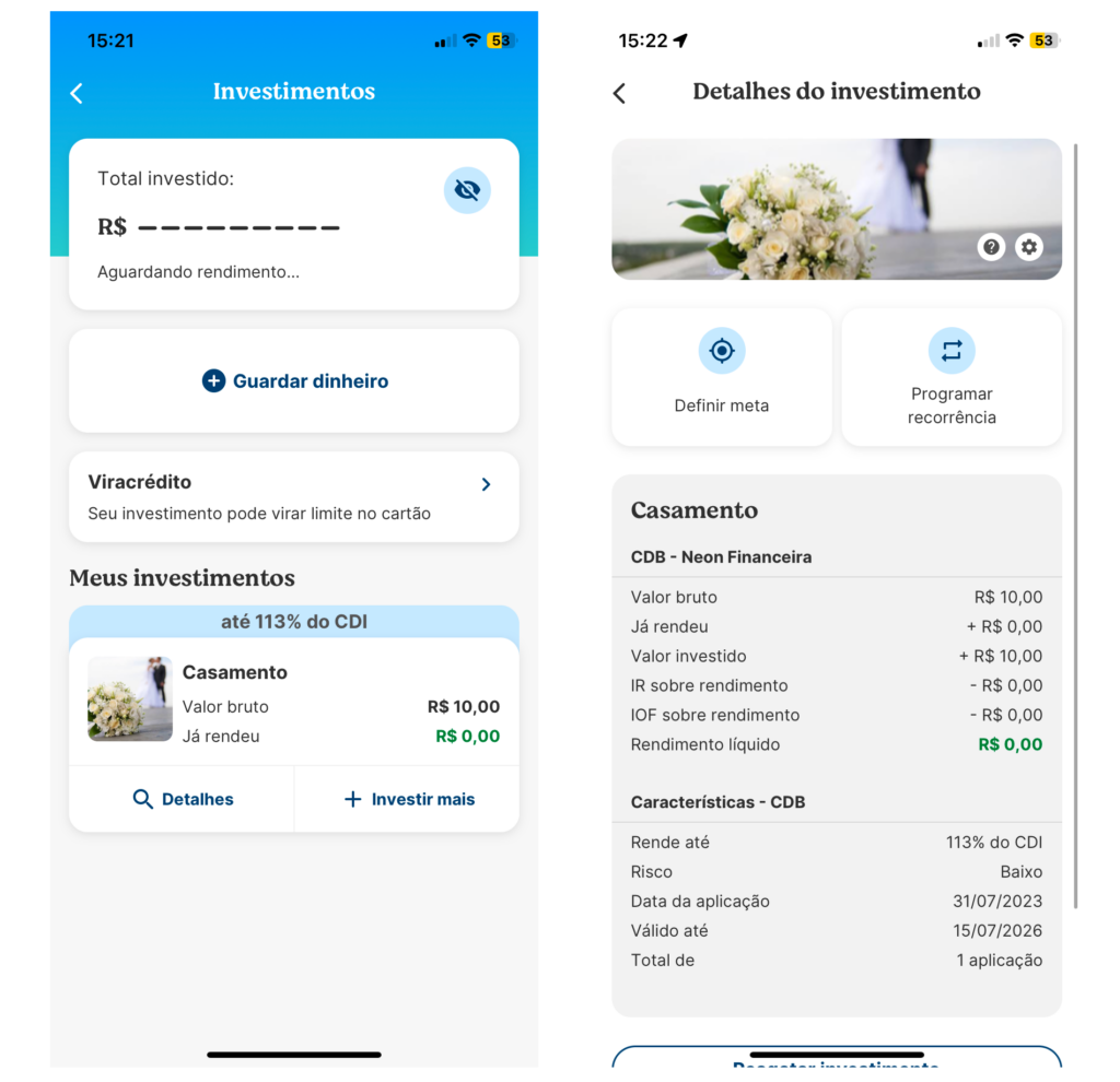Telas Do Investimento Criado No Cdb Neon No App