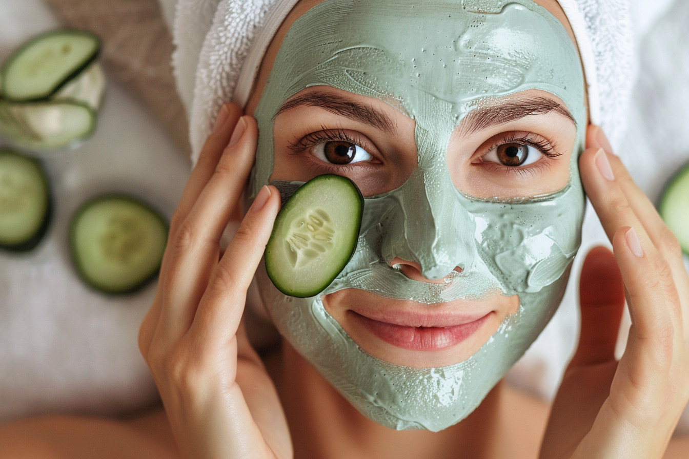 Woman applying DIY cucumber face mask for refreshed, nourished skin.