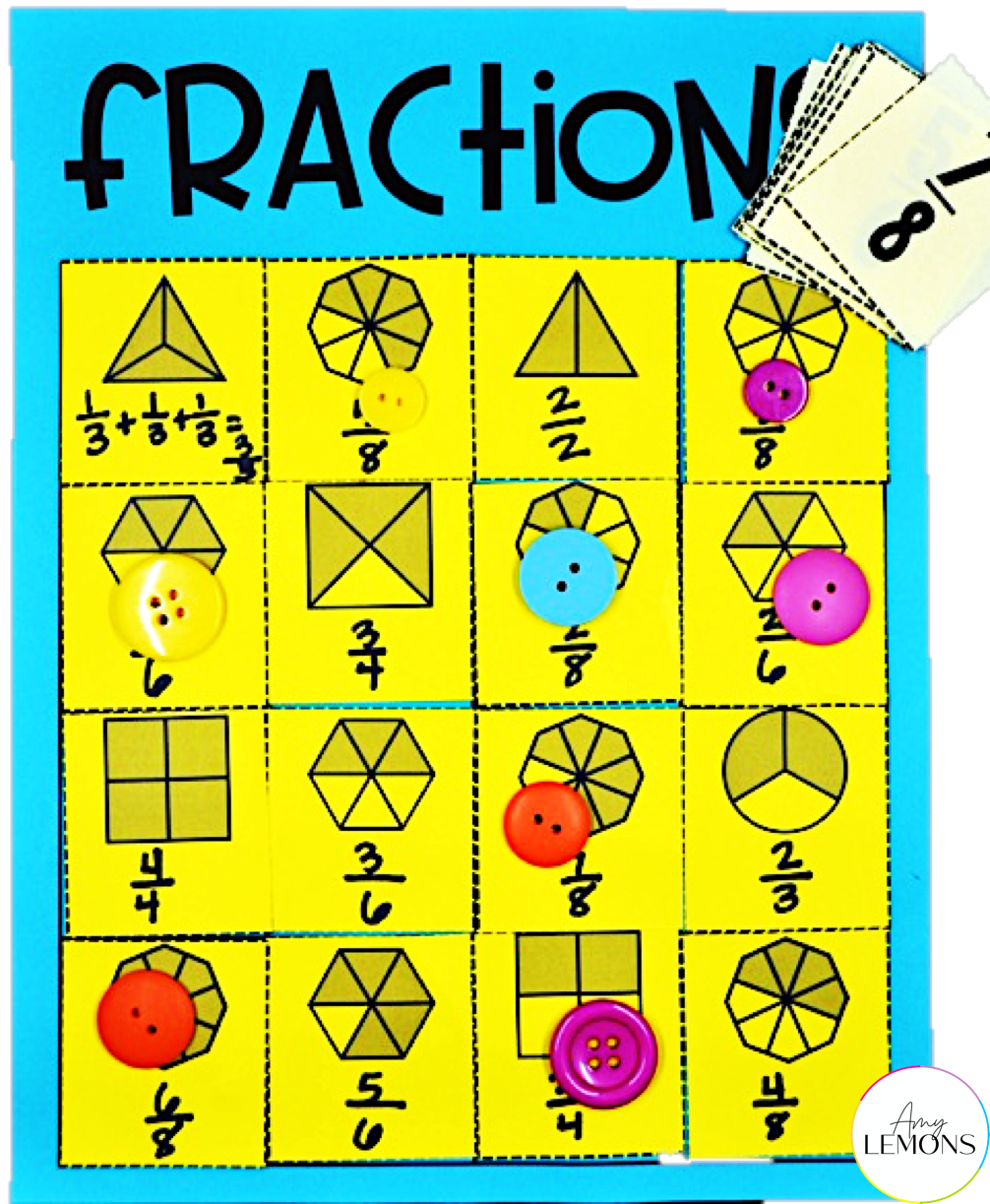 Fraction bingo board for students to identify fractions.