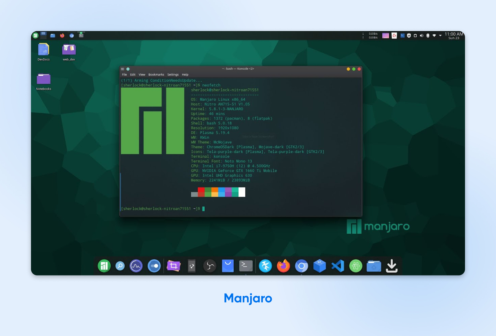 Un escritorio Manjaro Linux que muestra información y especificaciones del sistema en la ventana del terminal sobre un fondo verde.