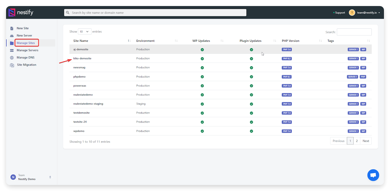 Nestify Dashboard - Manage Sites