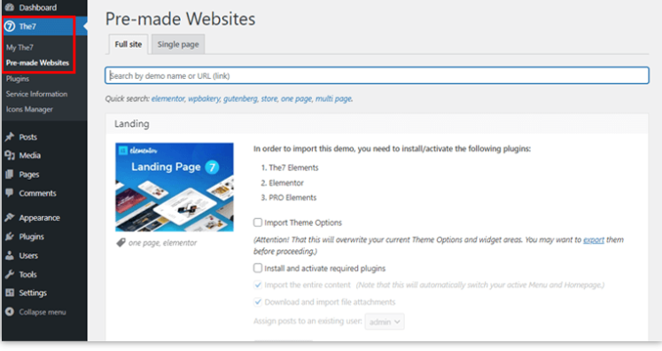 Import The7 WordPress Theme Demo Sites