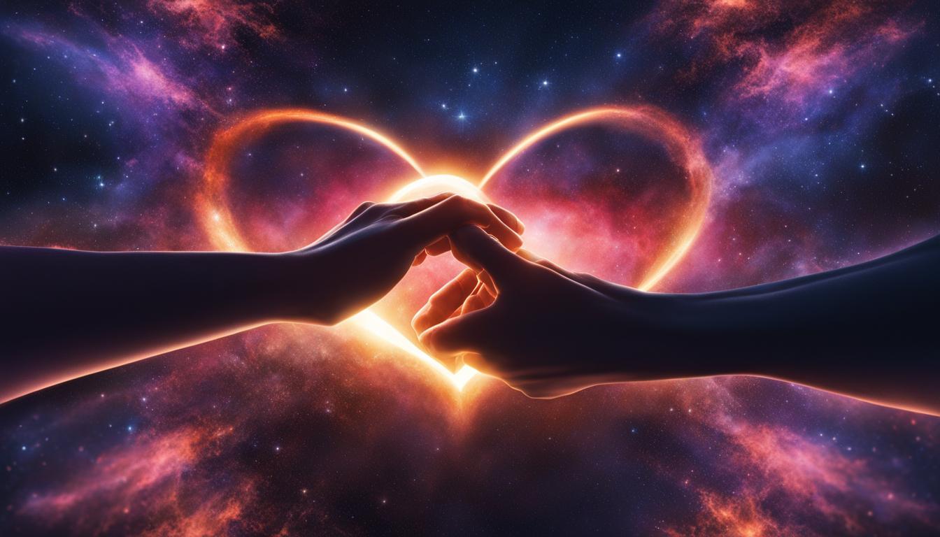 An image of two hands clasping each other, surrounded by swirling energy and glowing light. The hands are positioned in front of a heart-shaped opening, symbolizing the manifestation of romantic connection. The colors used should be bright and vibrant, evoking feelings of passion and excitement. In the background, depict a starry night sky with shooting stars, representing the infinite possibilities that come with clear intentions and beliefs.