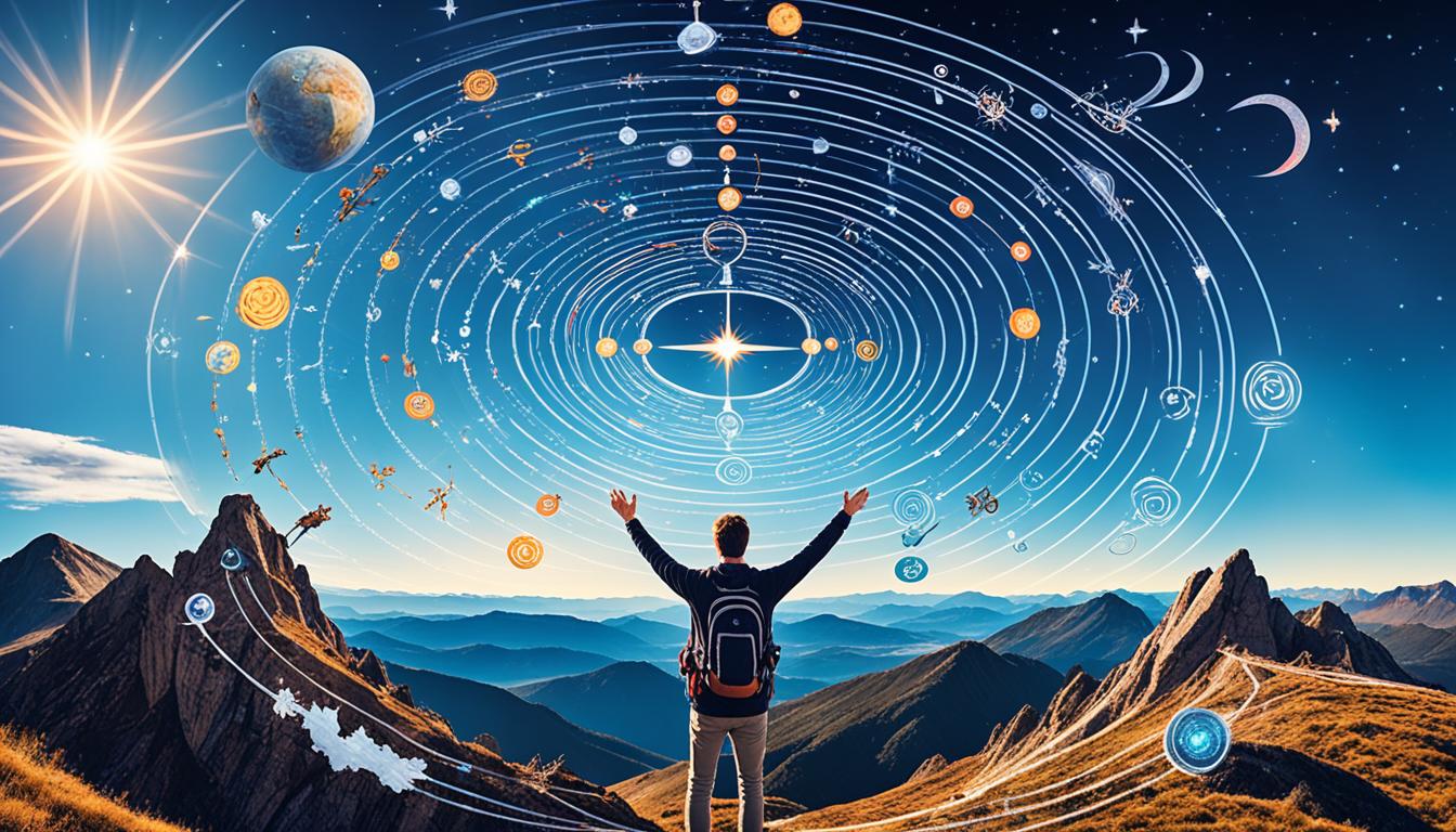 An image of a person standing on a mountaintop overlooking a vast landscape, with multiple paths branching off in different directions. The person holds a compass in their hand, while various symbols representing different aspects of life (love, career, health, etc.) swirl around them in a cosmic vortex. In the sky, stars and constellations form patterns that seem to guide the person on their journey.