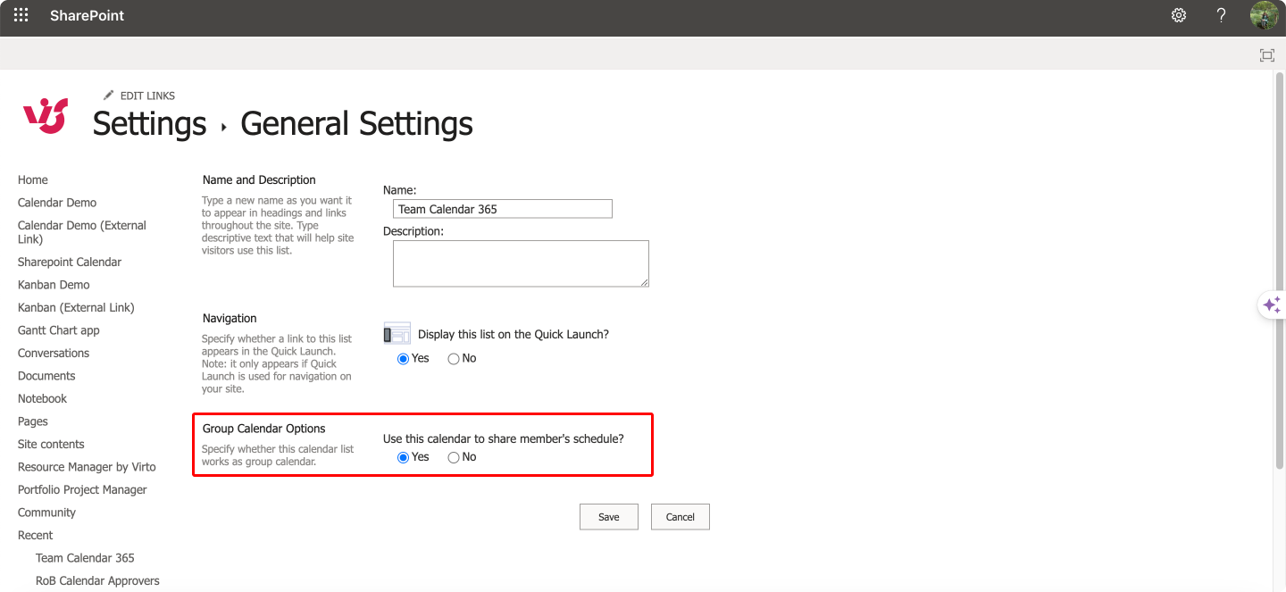 Amend group calendar options in “General settings”. 