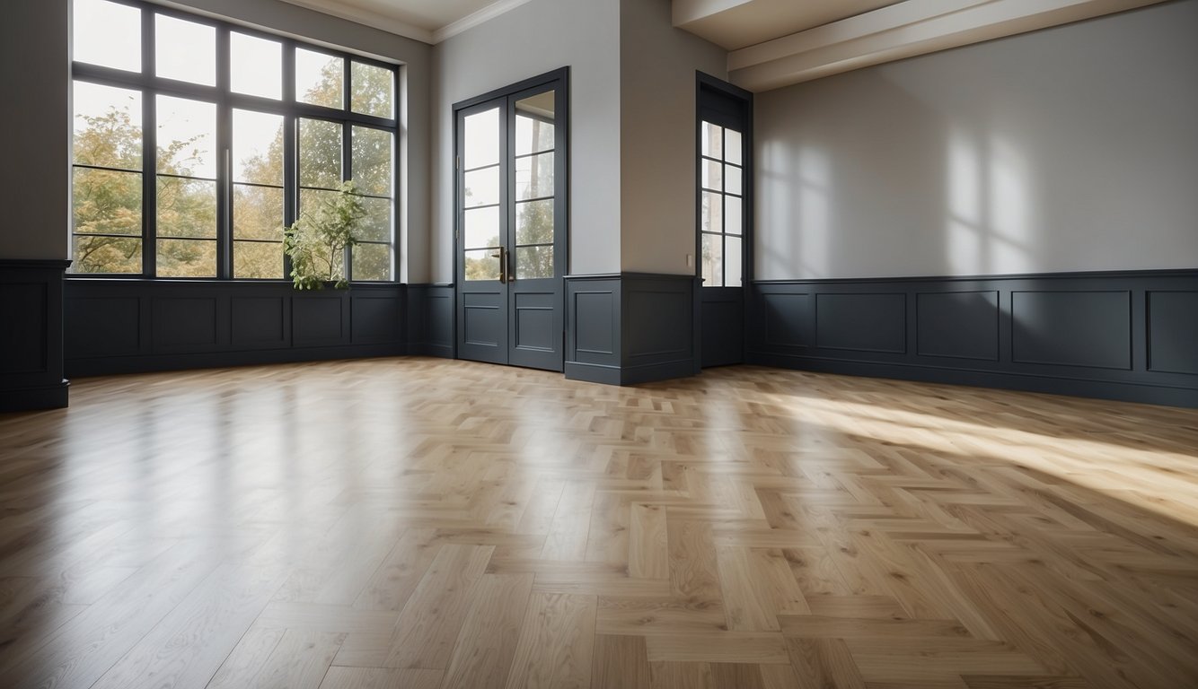 A room with two contrasting flooring options, SPC and vinyl, laid out side by side for comparison. Labels and price tags are visible next to each option