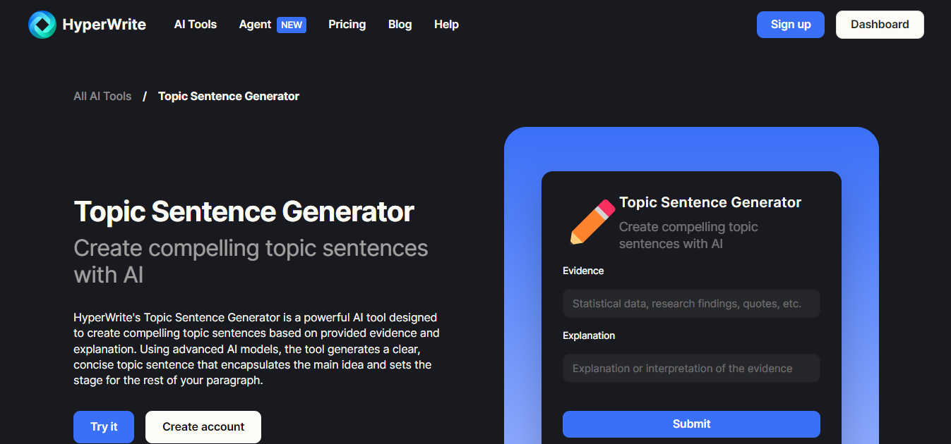 HyperWrite AI Topic Sentence Generator