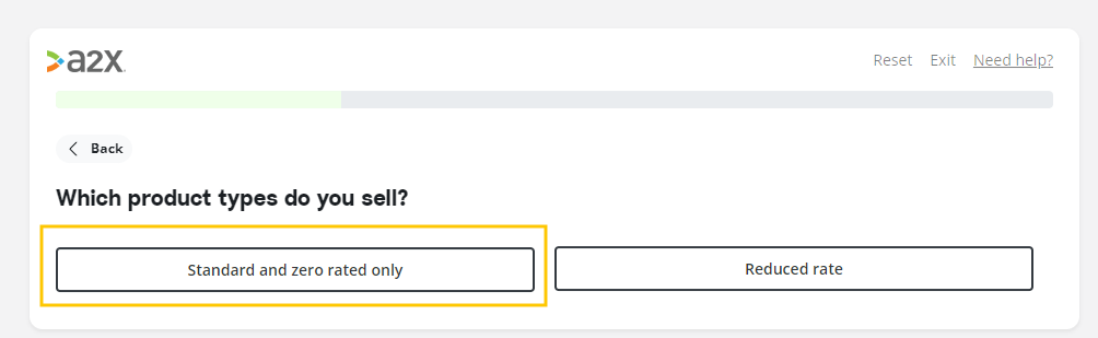 A screenshot of the A2X VAT mapping questionnaire:  Select your product types