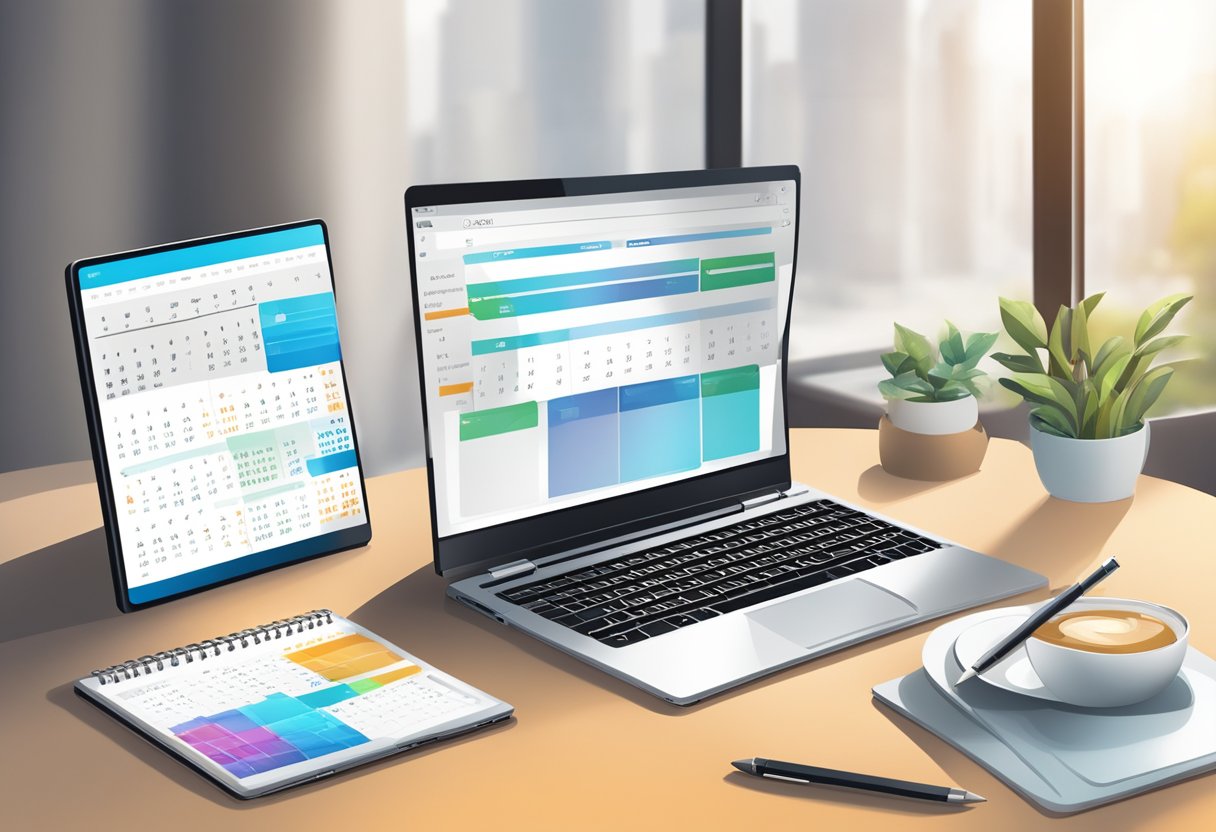 A laptop, smartphone, and tablet on a desk with a calendar, notepad, and pen. A virtual meeting in progress on the laptop screen