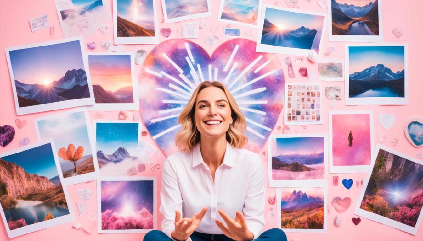 A person sitting in front of a vision board filled with images and words associated with love and romance. The person is surrounded by a soft pink glow emanating from their heart center, while their hands are raised in a gesture of gratitude towards the universe. In the background, a collage of beautiful landscapes, symbols of love and heartfelt affirmations further enhances the visual representation of manifesting a soulmate using the Law of Attraction.