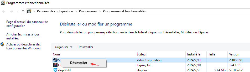  Désinstaller Steam dans le Panneau de configuration