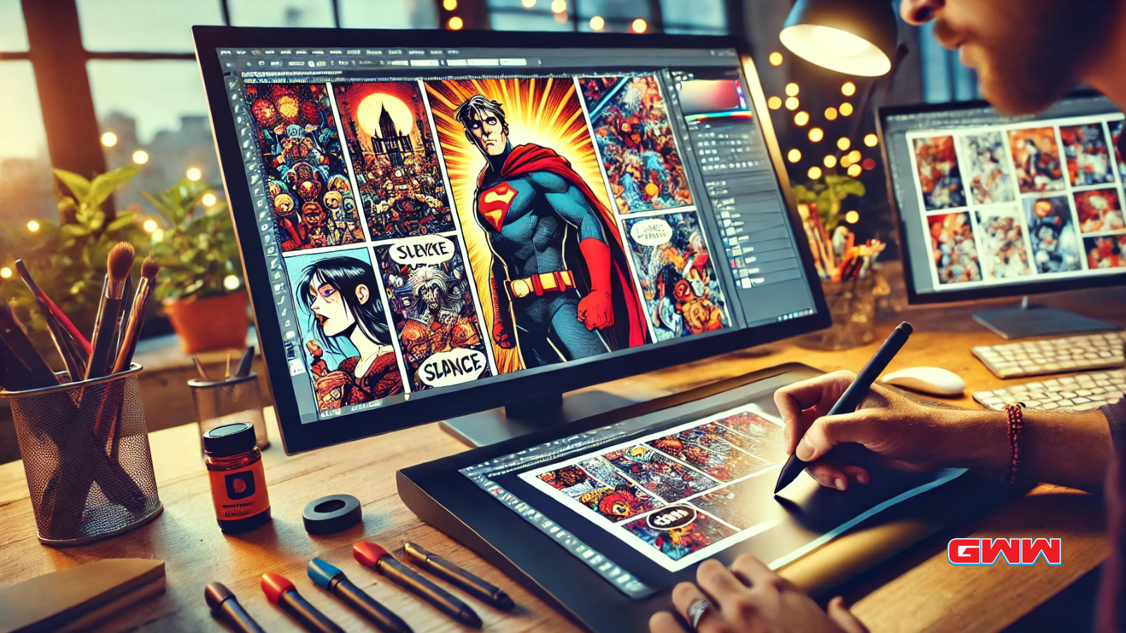 Adobe Illustrator interface with comic panels and Creative workspace, How to make comics with AI