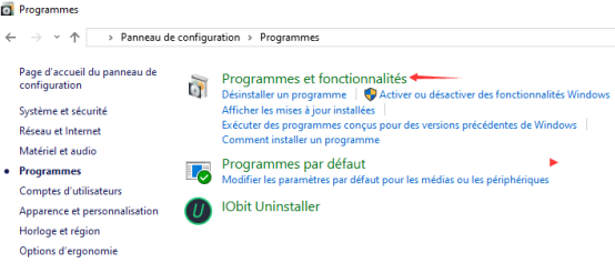 Programmes et fonctionnalités dans le Panneau de configuration