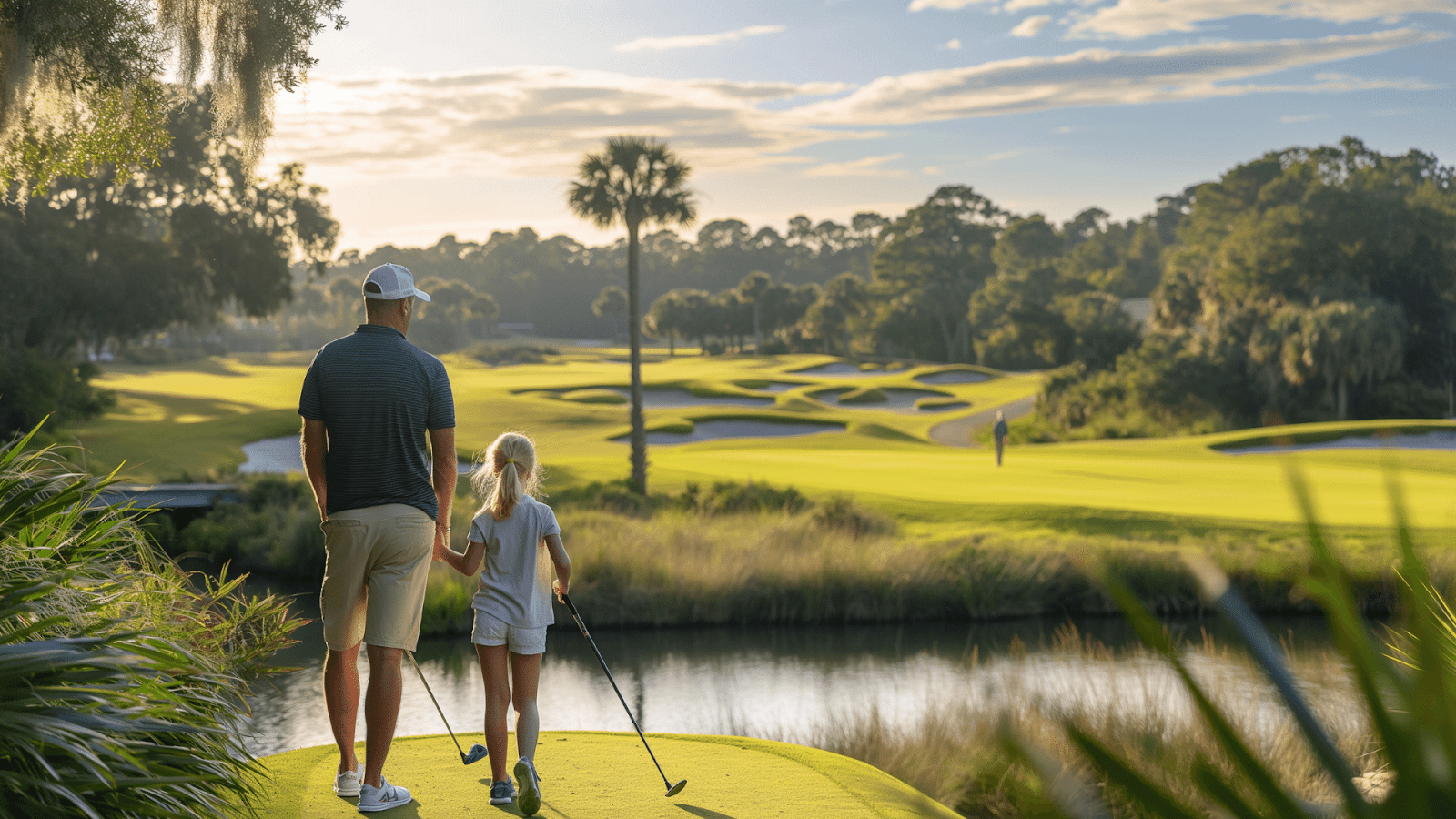 A father and daughter preparing to tee in a Palmetto Dunes golf course.