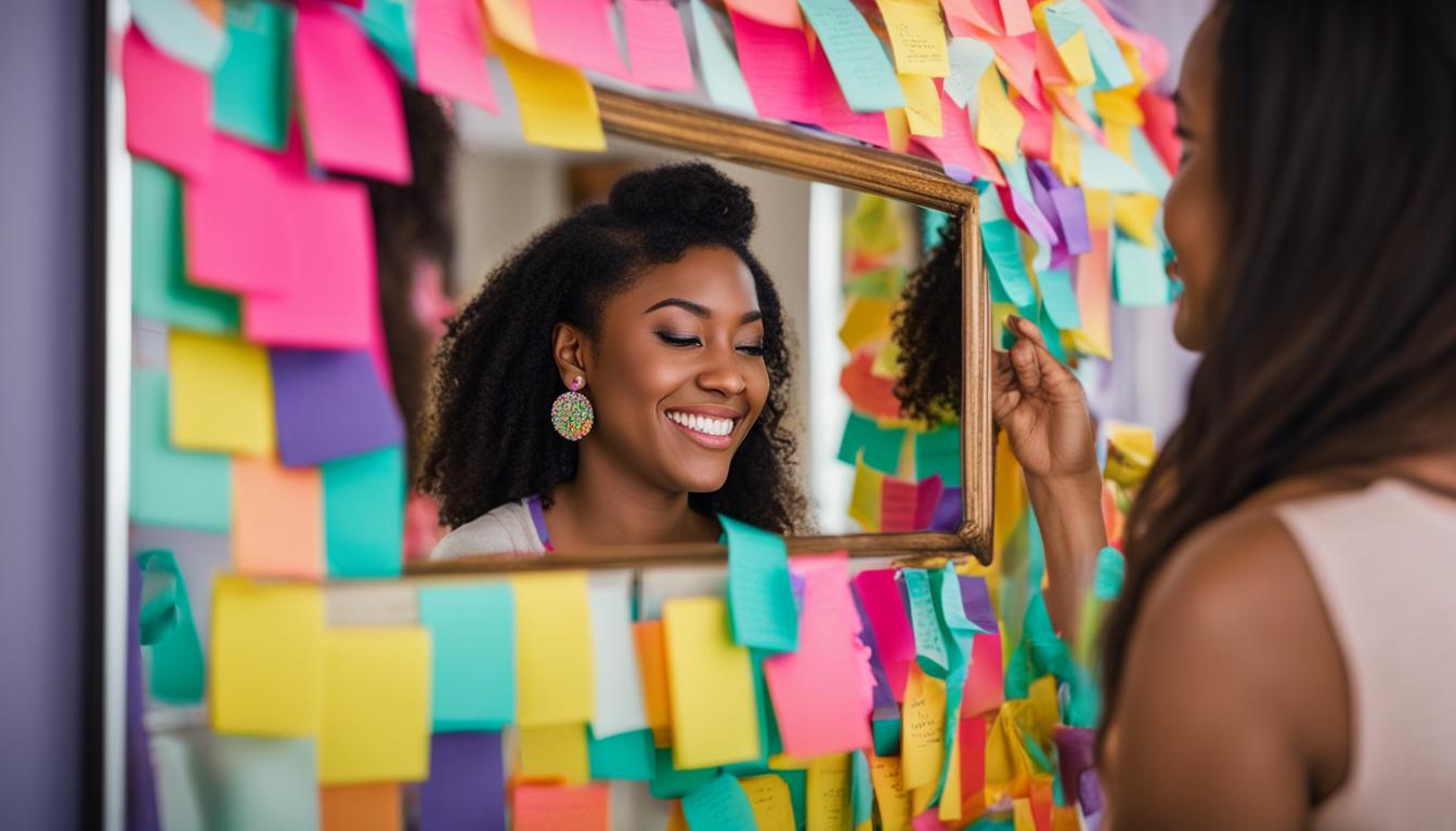 A person standing in front of a mirror, smiling at their reflection with confidence and pride. The mirror is adorned with sticky notes of positive affirmations, such as "I am beautiful," "I am strong," and "I am worthy." Next to the mirror is a jar filled with colorful beads, each representing a small win on the person's journey towards body positivity. The person is holding one of the beads up to the light, admiring it with a sense of accomplishment and gratitude.