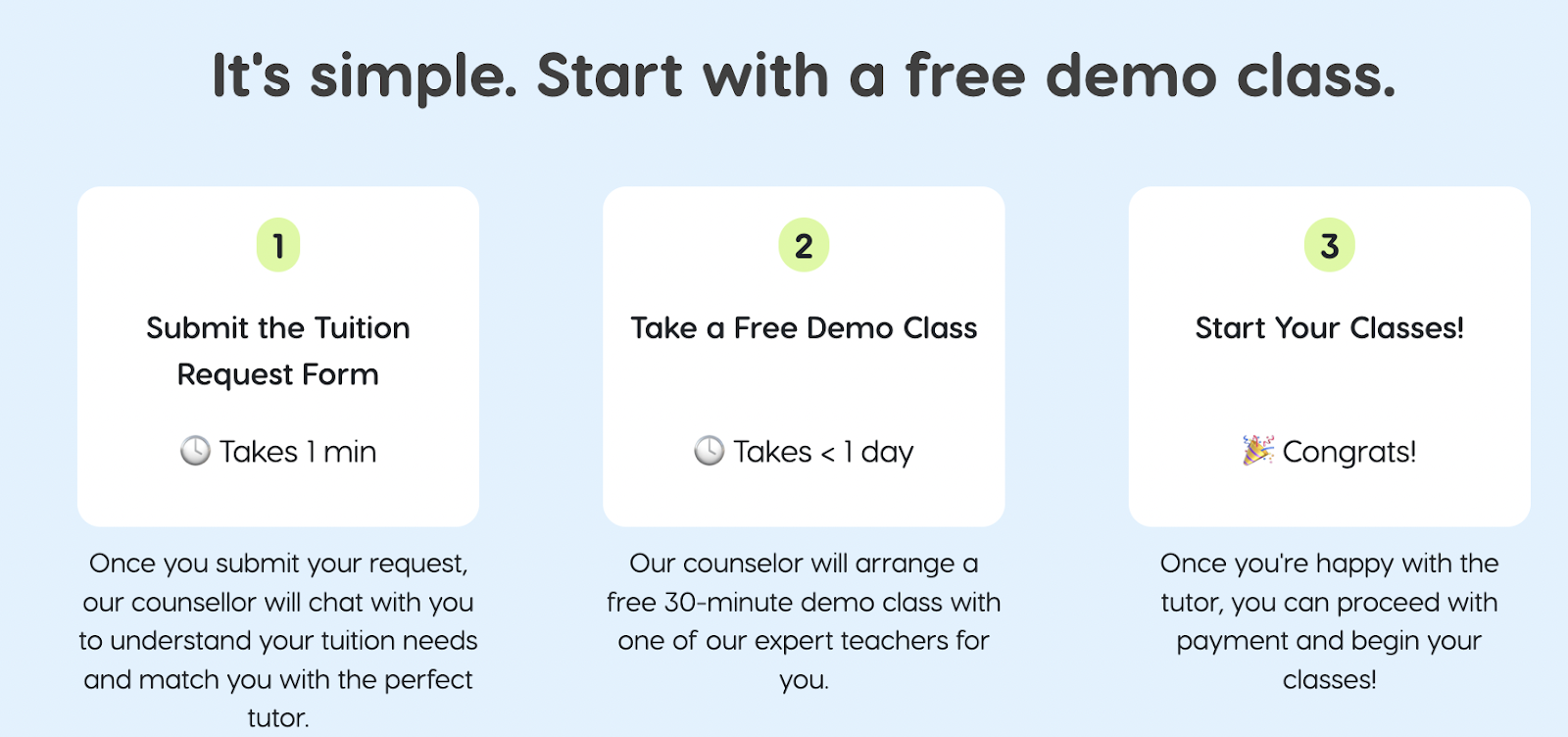 Simply go to our live-tutoring website. Once you’re there:  Submit the tuition request form (takes under a minute!)  Take a free 30-minute demo class (scheduled within a day!)  Start your classes!  The best part is that our counsellor matches you with a high-end tutor that matches your academic needs and learning style. You don’t have to worry about ill-suited tuitions coming your way, because the demo class can help you understand your match with the tutor!