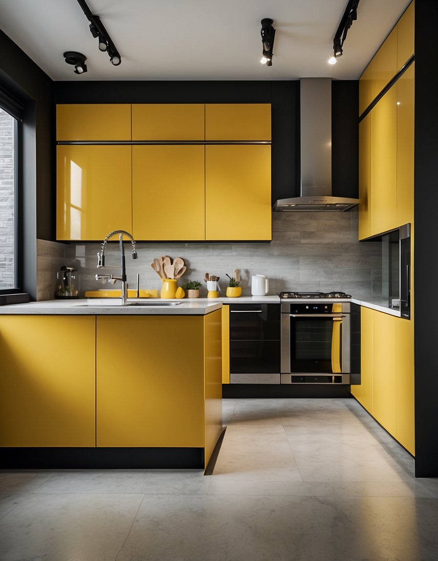 A bright yellow kitchen cabinet stands out in a modern kitchen, contrasting with white countertops and stainless steel appliances