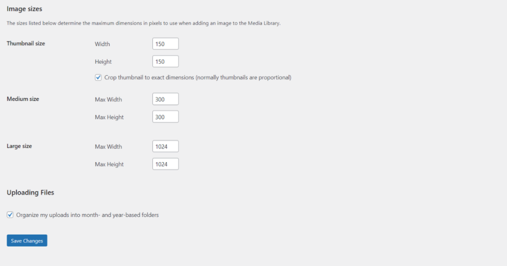 WordPress Media Settings.