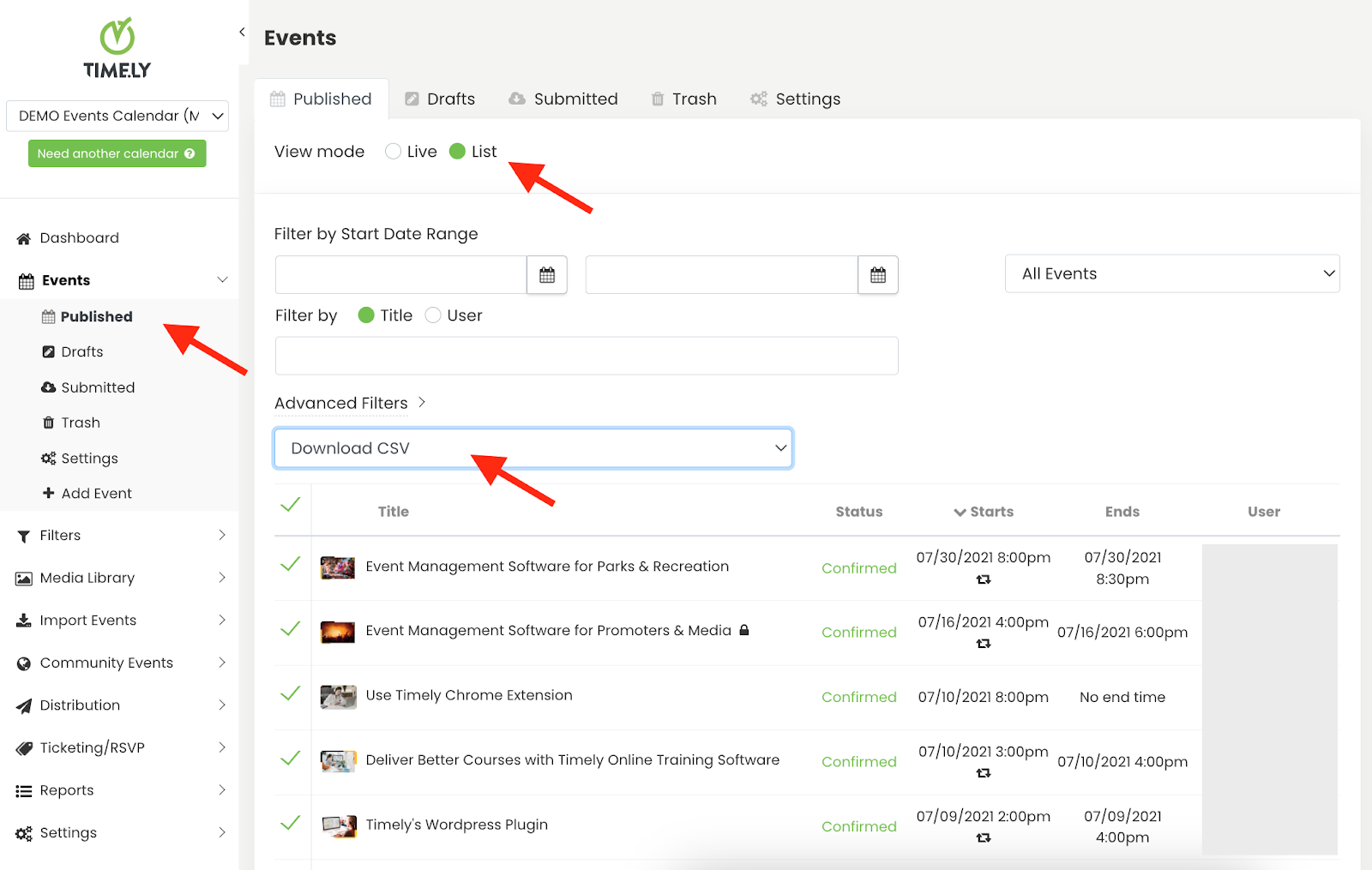 Overview of the option to download event CSV file.