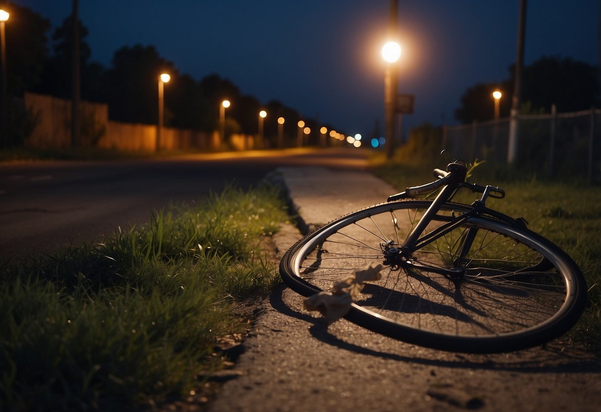 A deserted street at night, with a single streetlight casting a eerie glow on an abandoned bicycle and a torn piece of fabric caught on a fence