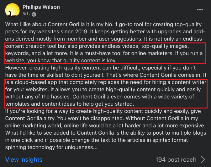 Content Gorilla Testimonial Screenshot