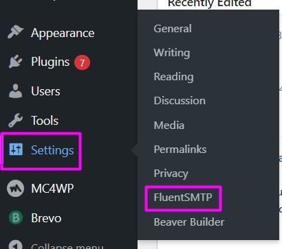 fluentsmtp on wordpress dashboard