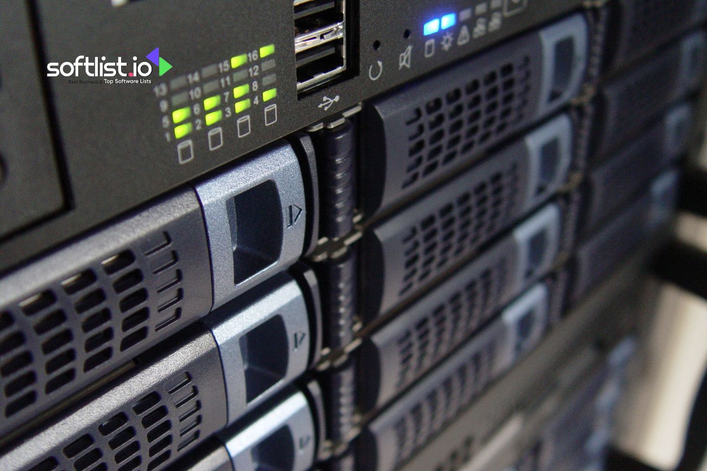 Close-up of server equipment with illuminated status indicators