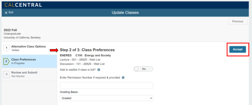 Step 2 of 3: Class Preferences section with "Accept" button emphasized with red box highlight. 