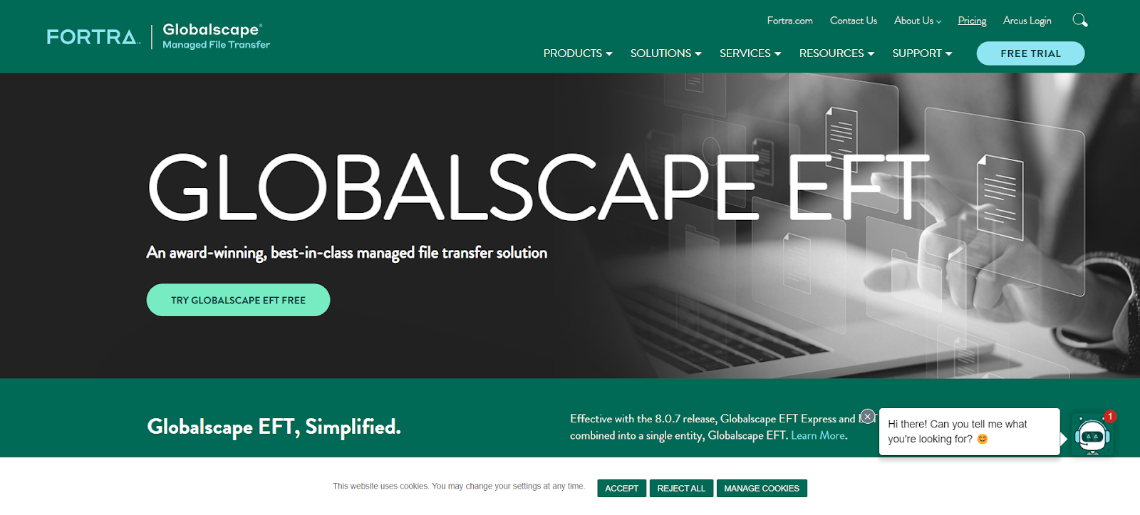 A screenshot of GlobalSCAPE EFT's website